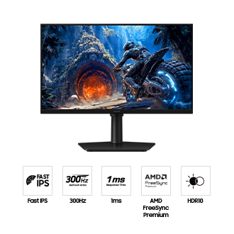Front of the Samsung Odyssey G4. Five icons for features about Fast IPS, 300Hz refresh rate, 1ms response time, AMD FreeSync Premium, and HDR10.