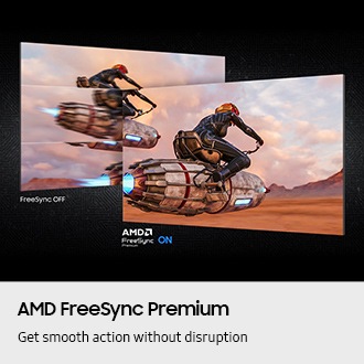 AMD FreeSync Premium. Get smooth action without disruption. Side-by-side comparison of a rider on a futuristic hover bike. The image is clear and sharp when AMD FreeSync Premium is ON, but appears blurry when it is OFF.