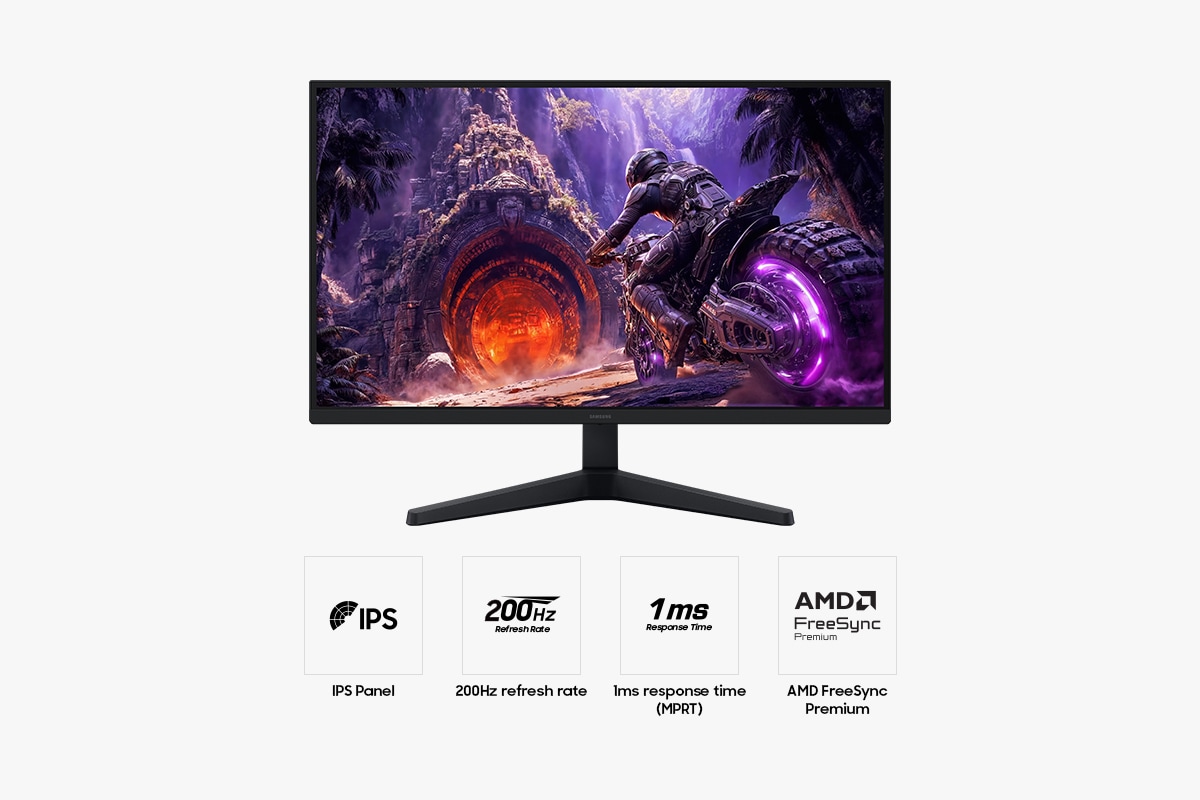 Front of the Samsung Odyssey G3. Four icons for features about IPS Panel, 200Hz refresh rate, 1ms response time(MPRT), and AMD FreeSync Premium.