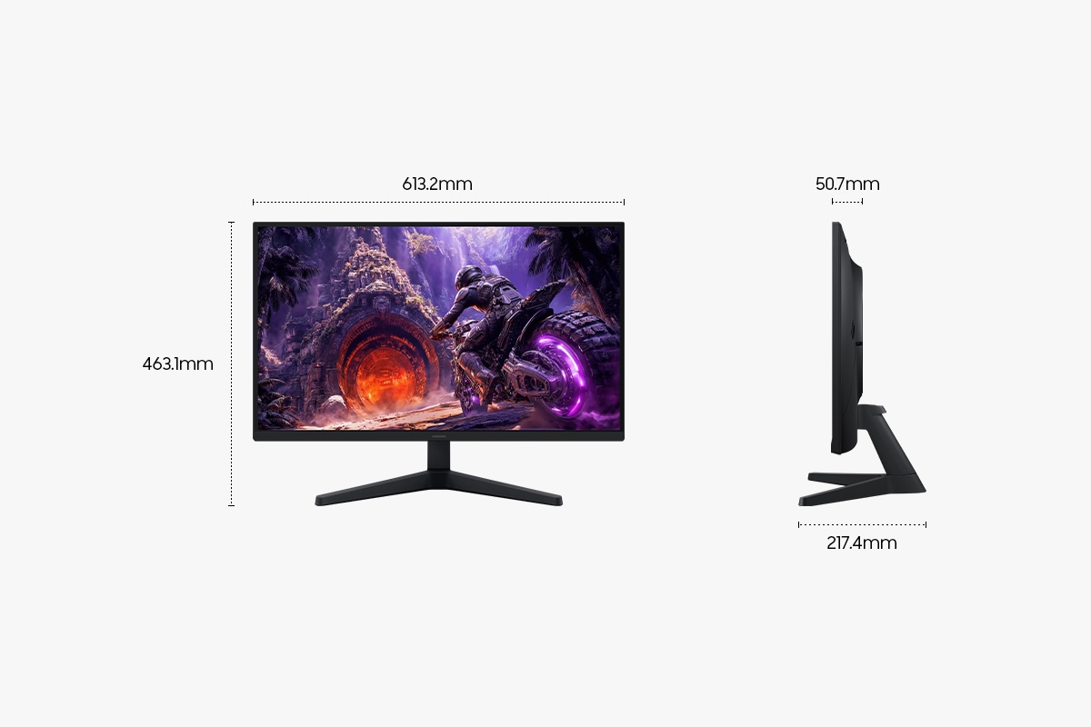 Dimensions of the Samsung Odyssey G3 (613.2 x 463.1 x 217.4 mm) with a stand and a screen depth of 50.7 mm without a stand.