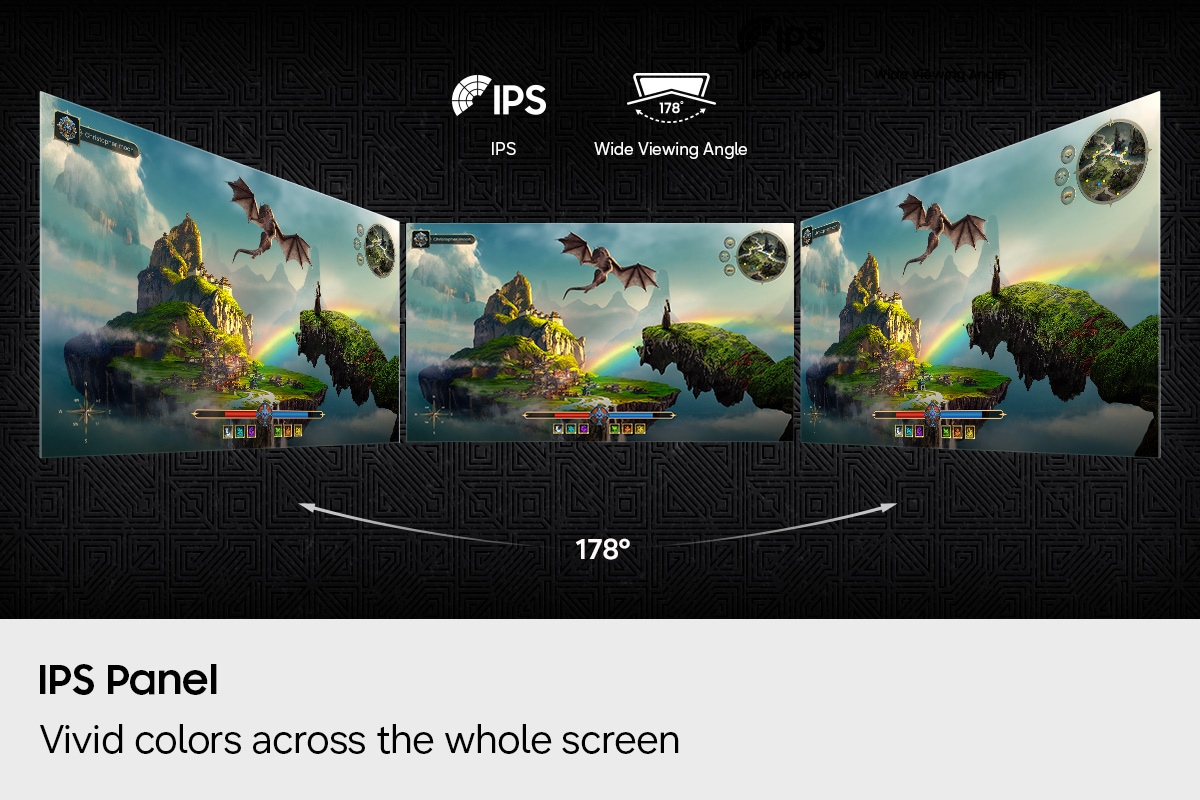 IPS logo and 178-degree wide viewing angle logo. Three monitors display the same game scene from different angles.