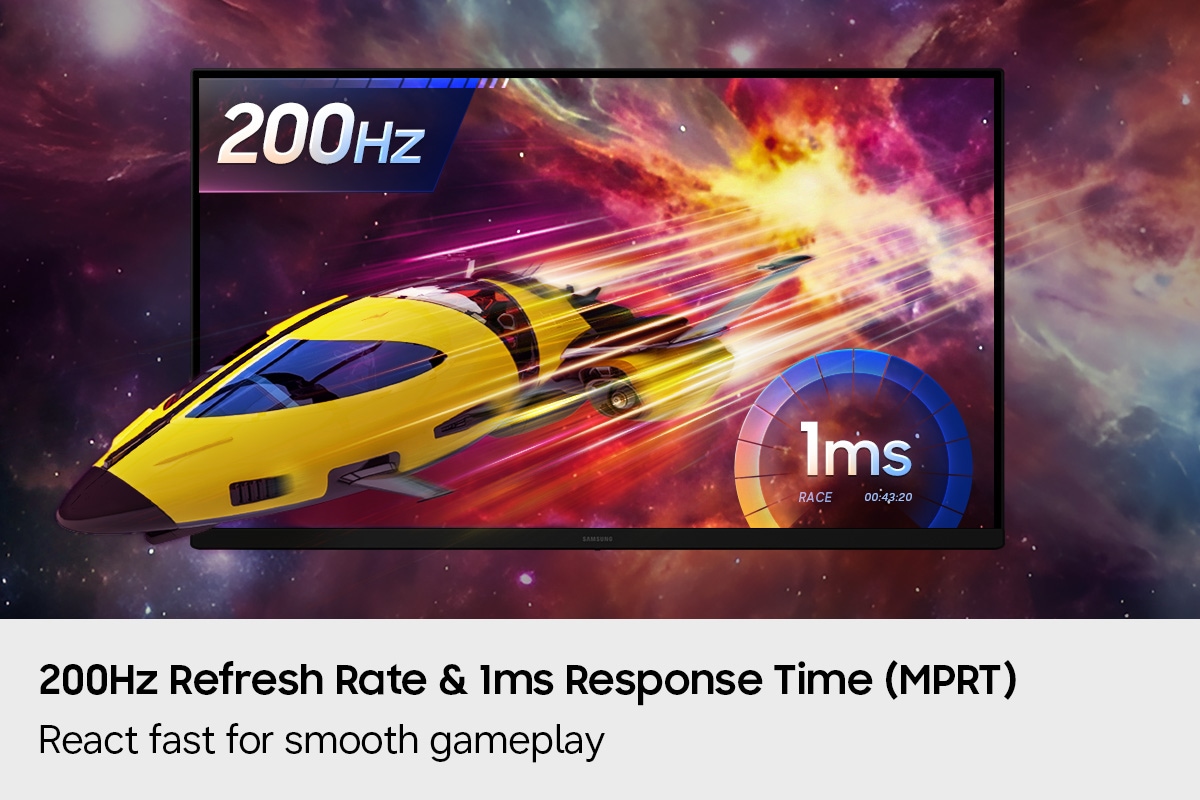 A spacecraft is flying out of the monitor. 200Hz refresh rate and 1ms response time (MPRT).