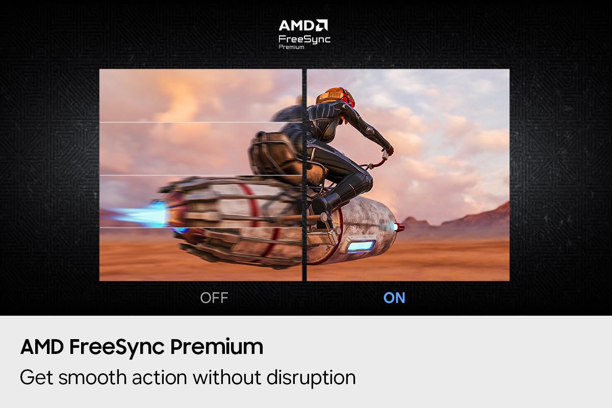 Two screens show a player riding a hovercraft in the desert. The image labeled ON is clearer than the image labeled OFF. AMD FreeSync Premium logo.