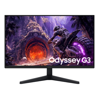 Front of the Samsung Odyssey G3. The screen displays a  character on a motorcycle waiting in front of a tunnel.
