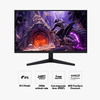 Front of the Samsung Odyssey G3. Four icons for features about IPS Panel, 200Hz refresh rate, 1ms response time(MPRT), and AMD FreeSync Premium.