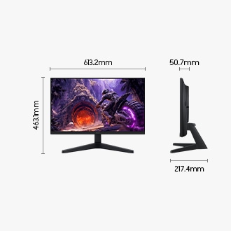 Dimensions of the Samsung Odyssey G3 (613.2 x 463.1 x 217.4 mm) with a stand and a screen depth of 50.7 mm without a stand.