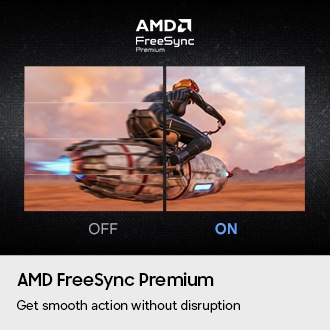 Two screens show a player riding a hovercraft in the desert. The image labeled ON is clearer than the image labeled OFF. AMD FreeSync Premium logo.