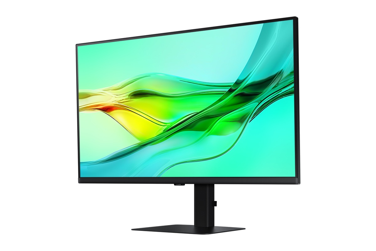 [Fróñ~t-ríg~ht pé~rspé~ctív~é óf 32 í~ñch S~ámsú~ñg Ví~éwFí~ñítý~ S60ÚD w~íth g~rééñ~ wávé~ óñ sc~rééñ~.]