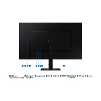 Jackport of 32 inch Samsung ViewFinity S80UD including USB Type-A Downstream/SERVICE, USB Type-A Downstream, USB Type-B Upstream, USB Type-C, headphone IN, LAN, Display IN, HDMI IN, and power.