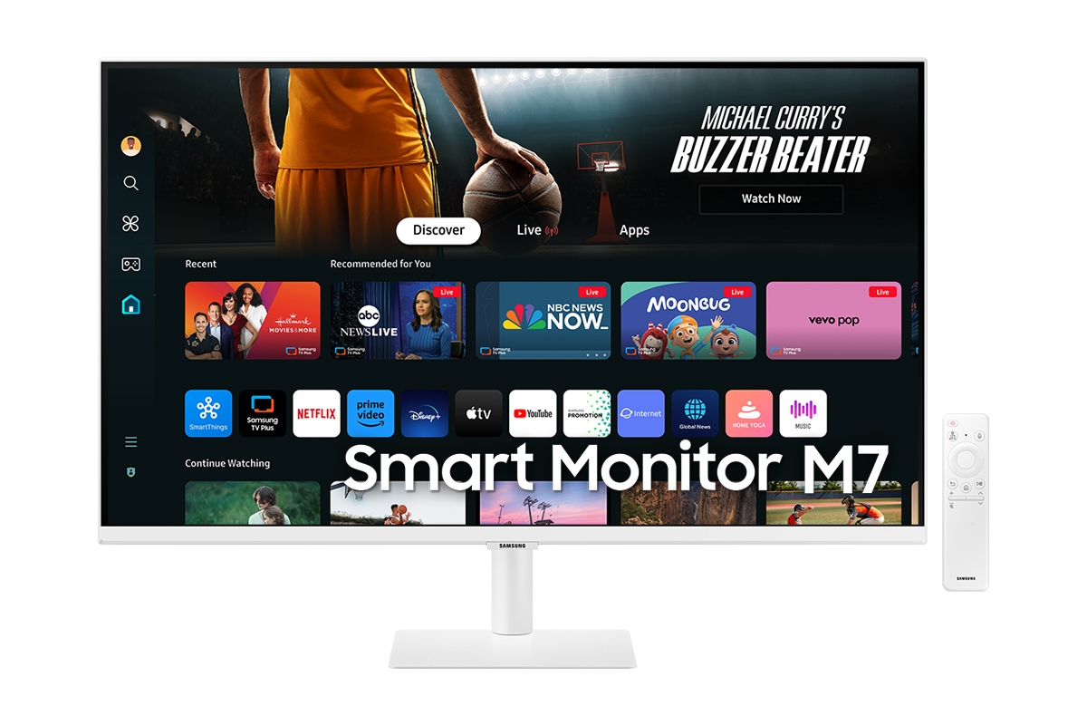 Front of 32 inch Samsung Smart Monitor M70D white with Smart TV Apps on screen, and remote control.