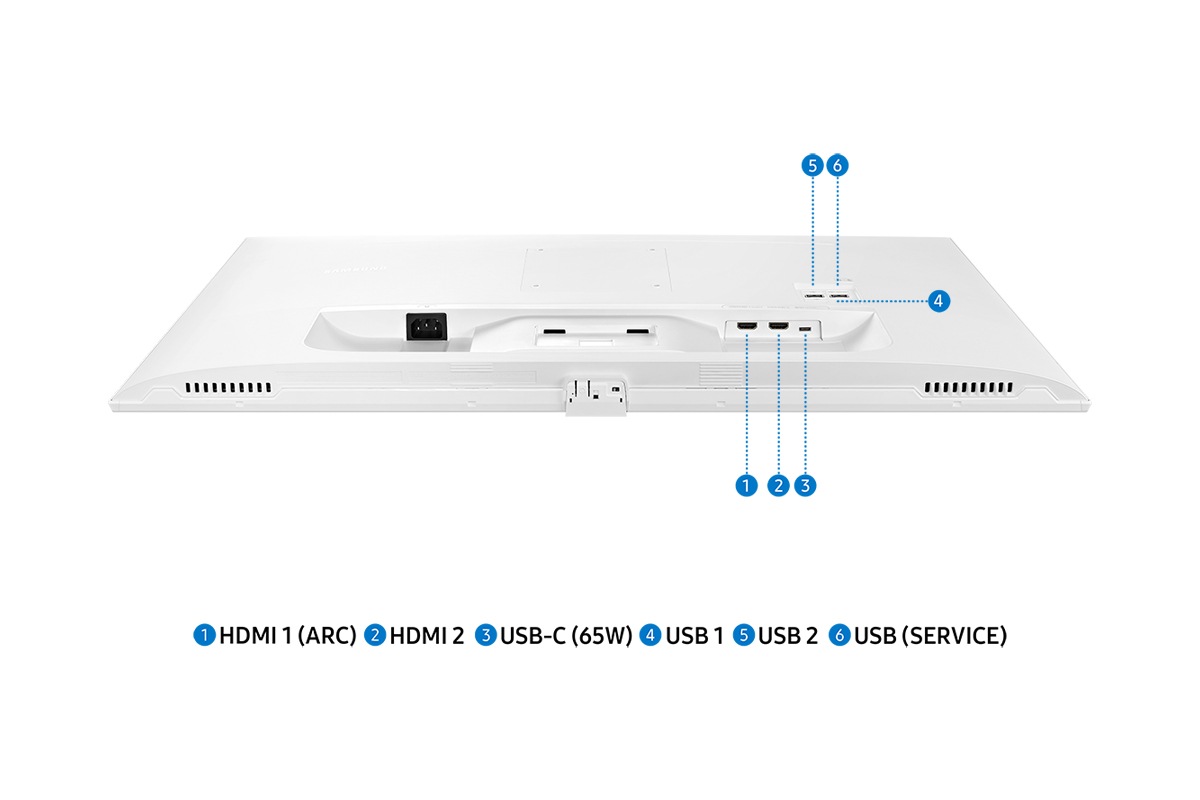 Jackport of 32inch Samsung Smart Monitor M70D white including USB-C(65W), USB (SERVICE), two of USB, two of HDMI IN, and power.