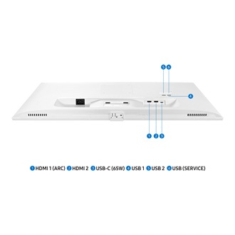 Jackport of 32inch Samsung Smart Monitor M70D white including USB-C(65W), USB (SERVICE), two of USB, two of HDMI IN, and power.
