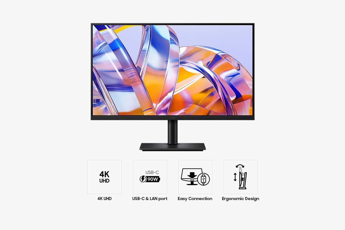Front of the 32-inch Samsung ViewFinity S8 S80UH with the screen showing an array of bright colours, and four icons for features about 4K UHD, USB-C & LAN port, Easy Connection and Ergonomic Design.