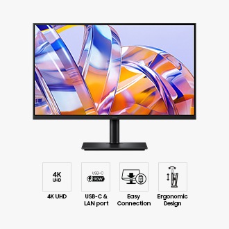 Front of the 32-inch Samsung ViewFinity S8 S80UH with the screen showing an array of bright colours, and four icons for features about 4K UHD, USB-C & LAN port, Easy Connection and Ergonomic Design.