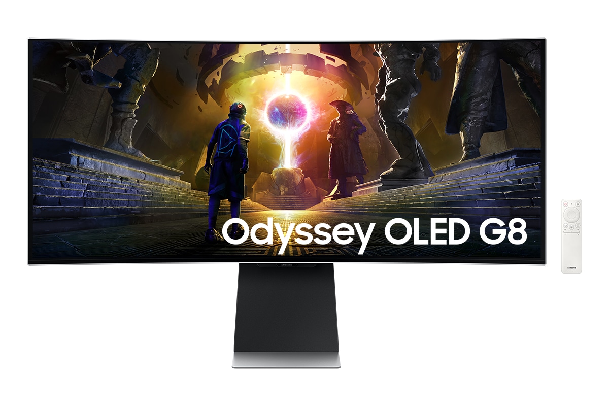 Front of Samsung Odyssey OLED G8 G85SD with a warrior in front of the dungeon on its screen.