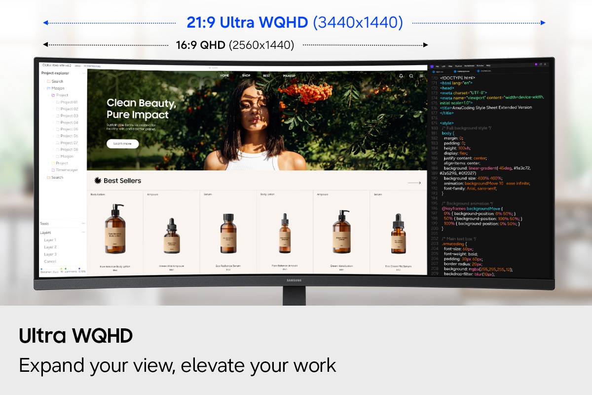 Ultra WQHD. Expand your view, elevate your work. The QHD screen (2560×1440) with a 16:9 aspect ratio shows a website under development, while the Ultra WQHD screen (3440×1440) with a 21:9 aspect ratio shows both the website and a code editor.