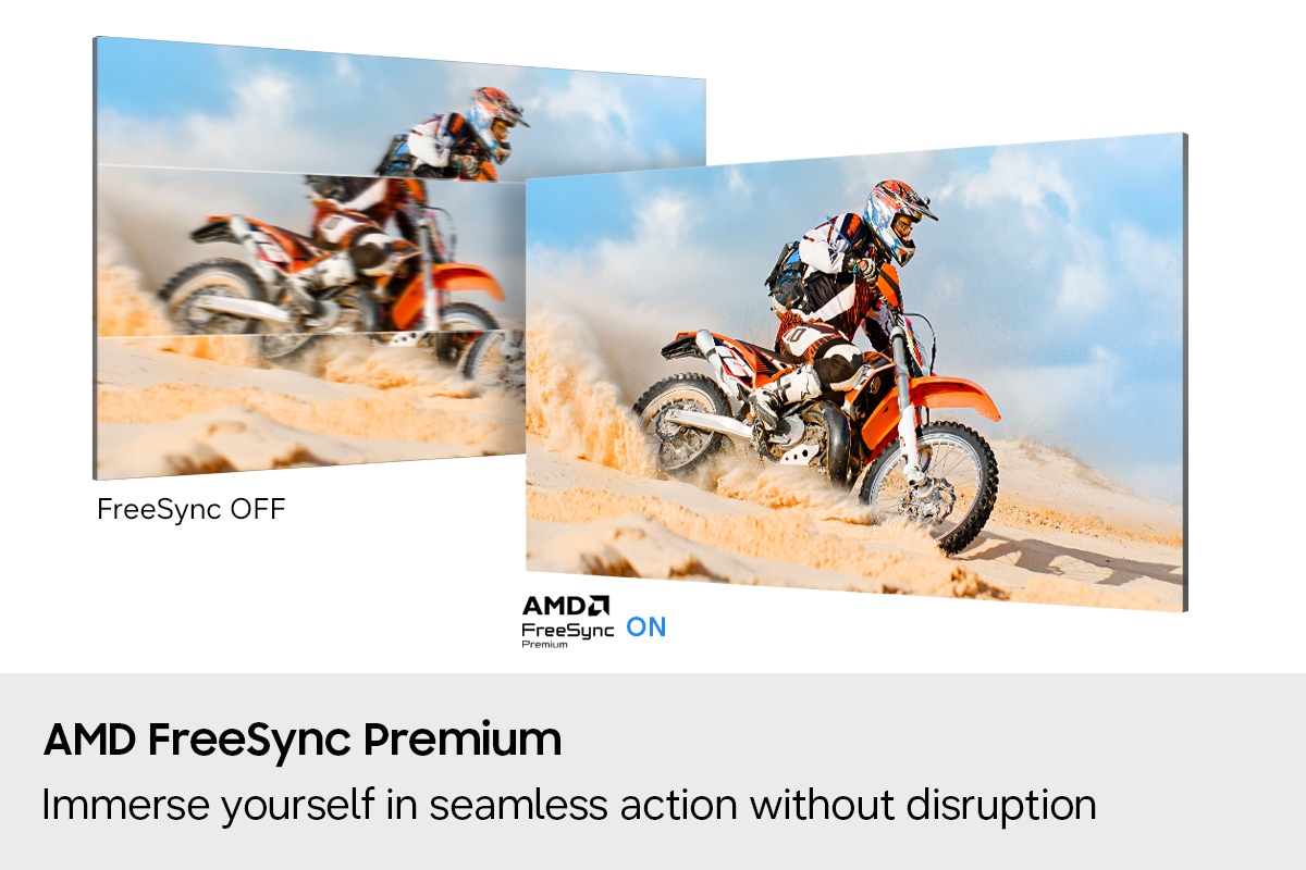Two screens show a character riding a motorcycle in the desert. FreeSync OFF shows a choppier image than AMD FreeSync Premium ON.