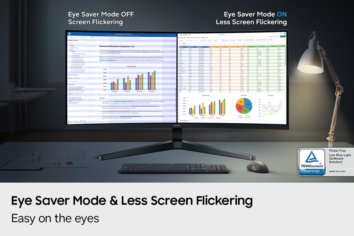 Eye Saver Mode & Less Screen Flickering. Easy on the eyes. A split screen displays two documents. With Eye Saver Mode OFF, the screen flickers. With Eye Saver Mode ON and Less Screen Flickering ON, the screen is clear. TÜVRheinland® Certified Flicker Free Low Blue Light (Software Solution) www.tuv.com logo.