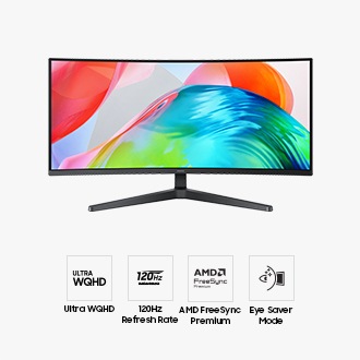 Front of the 34-inch Samsung ViewFinity S5 S55GH with the screen showing an array of bright colors, and four icons for features about Ultra WQHD, 120Hz Refresh Rate, AMD FreeSync Premium, and Eye Saver Mode.