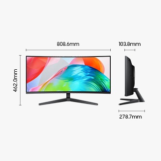 Dimensions of the 34-inch Samsung ViewFinity S5 S55GH (808.6 x 462.0 x 278.7mm) with a stand, and screen depth of 103.8mm without stand. Screen displays an array of bright colors.