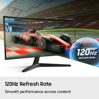 120Hz Refresh Rate. Smooth performance across content. A race car zooms out of the screen. 120Hz refresh rate.