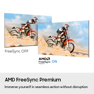 Two screens show a character riding a motorcycle in the desert. FreeSync OFF shows a choppier image than AMD FreeSync Premium ON.
