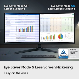 Eye Saver Mode & Less Screen Flickering. Easy on the eyes. A split screen displays two documents. With Eye Saver Mode OFF, the screen flickers. With Eye Saver Mode ON and Less Screen Flickering ON, the screen is clear. TÜVRheinland® Certified Flicker Free Low Blue Light (Software Solution) www.tuv.com logo.