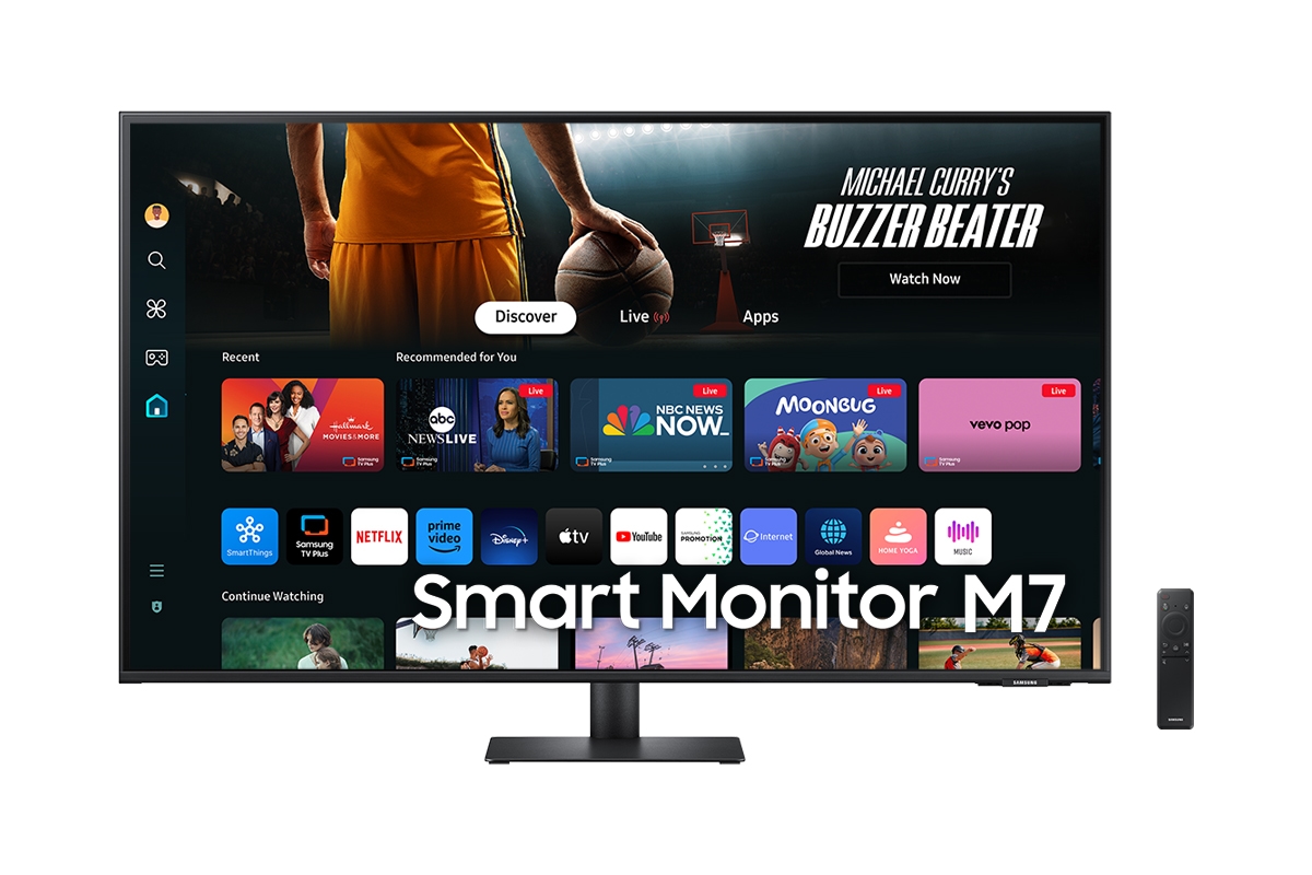 Front of 43 inch Samsung Smart Monitor M70D with Smart TV Apps on screen