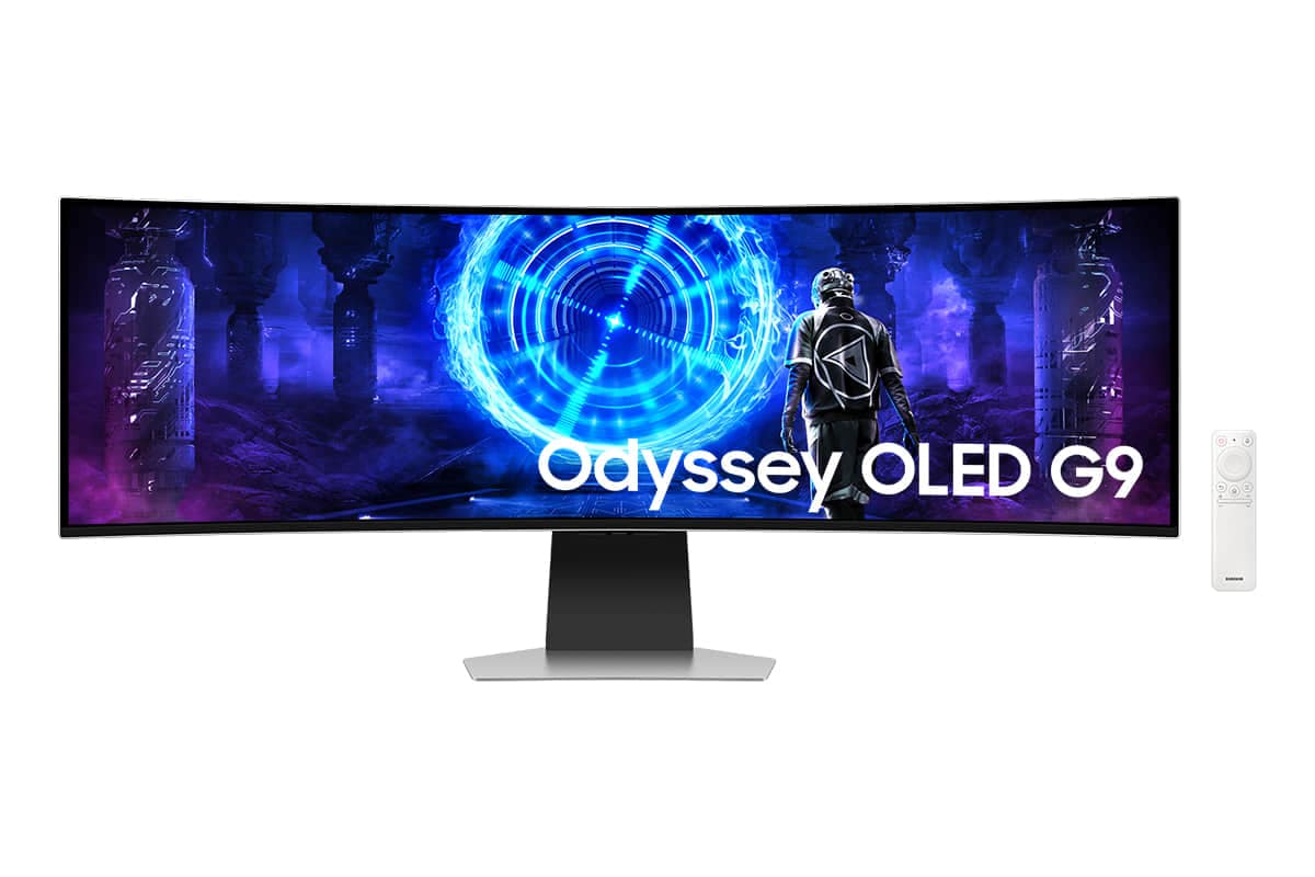 Front of Samsung Odyssey OLED G9 G95SD with a warrior in front of a portal on screen.