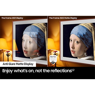 QA32LS03CBWXXY The Frame 2021 screen displays artwork full of reflections. The Frame 2023 Matte Display shows the same painting with minimal glare. The UL verified Glare Free logo is on display with Reflection Glare UGR<10, Discomfort Glare UGR<22, Disability Glare UGR<34.