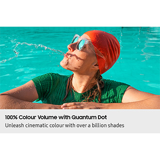 Scene of a woman in a pool spitting out water looks dull and washed out. TUV Rheinland Certified, Real Quantum Dot Display, www.tuv.com, ID 0217010367 logo. SGS Performance Tested No Cadmium (not detected) logo.