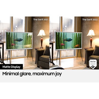 The Serif with 2021 display shows light reflections on its screen while The Serif with Anti Glare Matte Display with minimum reflections. The UL verified Glare Free: Reflection Glare UGR<10, Discomfort Glare UGR<22, Disability Glare UGR<34 logo is also on display.