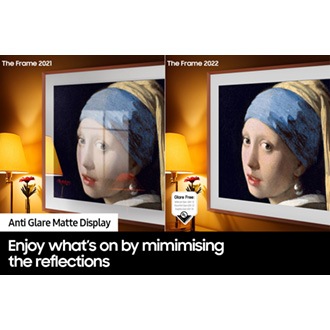 The left side of the screen with the word The Frame 2022 shows The Frame displaying an artwork with reflections. The right side with the words The Frame 2022 shows The Frame with the same painting that has minimised glare and a glare-free certified logo on the bottom left.