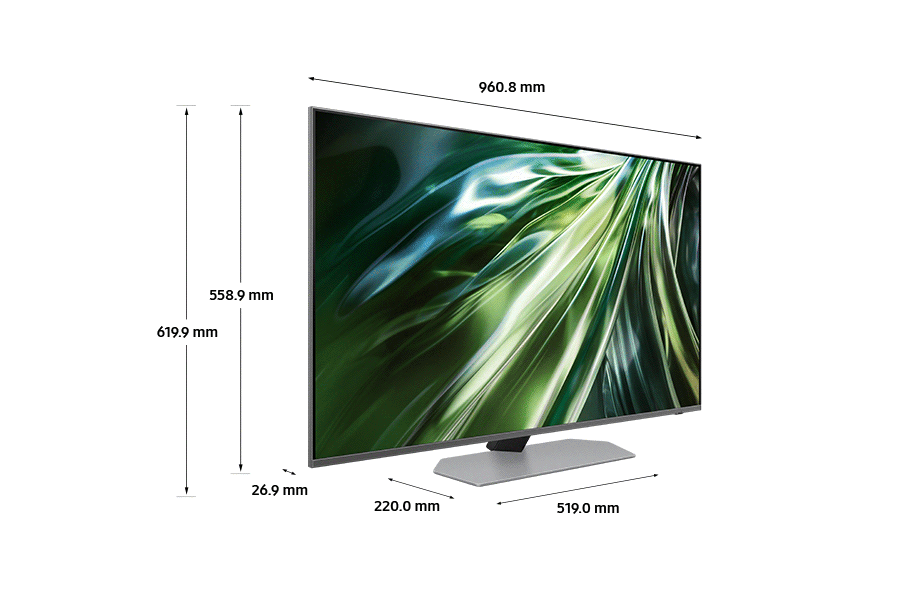 Dimension of Samsung Neo QLED TV(960.8 x 619.9 x 26.9 mm) QN90D with silver sharp neck hexagon stand