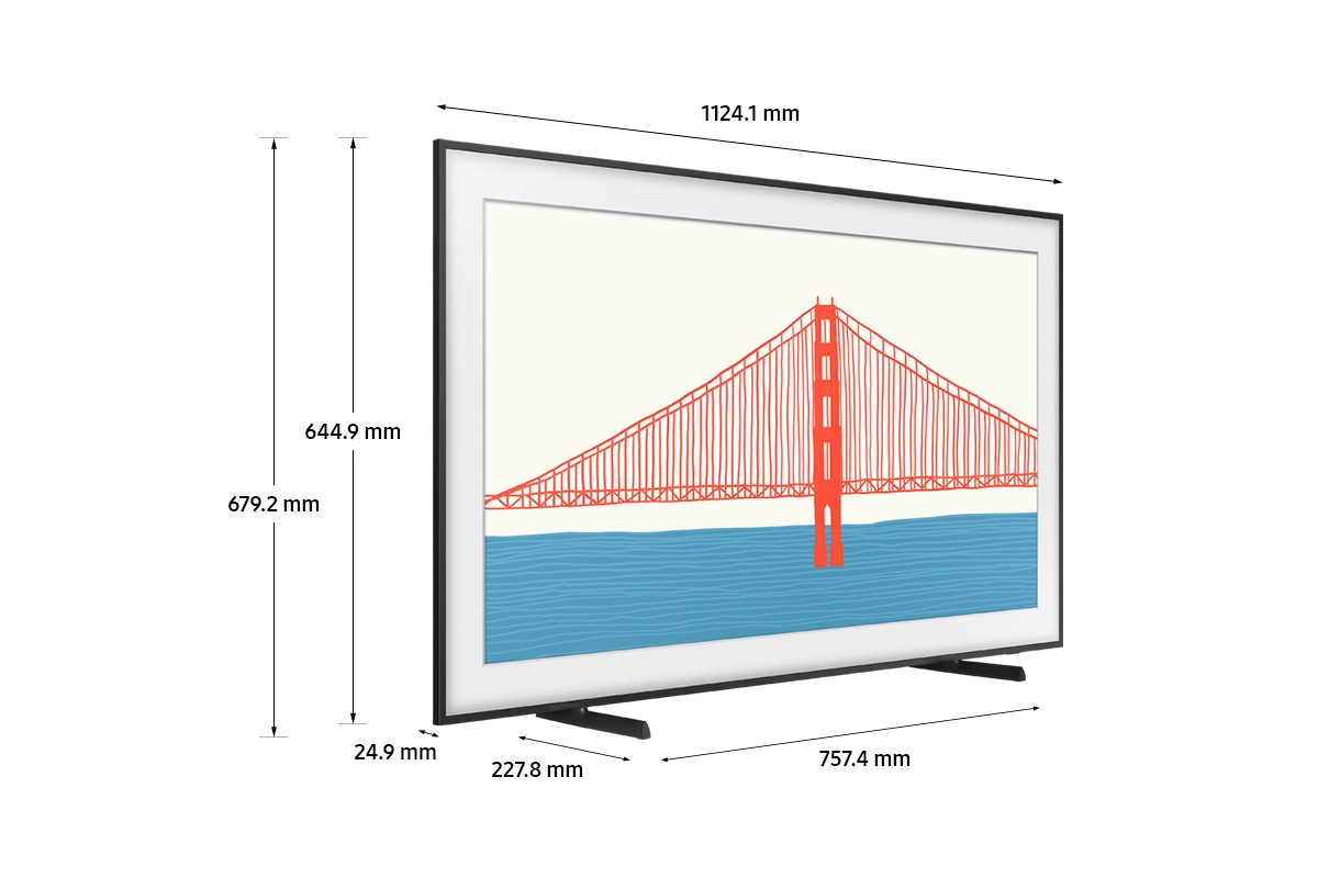 Dimension of Samsung The Frame LS03A (1124.1 x 679.2 x 227.8 mm) with a height adjustable stand