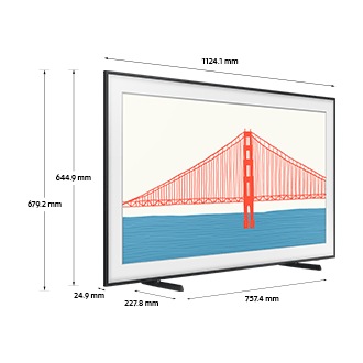 Dimension of Samsung The Frame LS03A (1124.1 x 679.2 x 227.8 mm) with a height adjustable stand