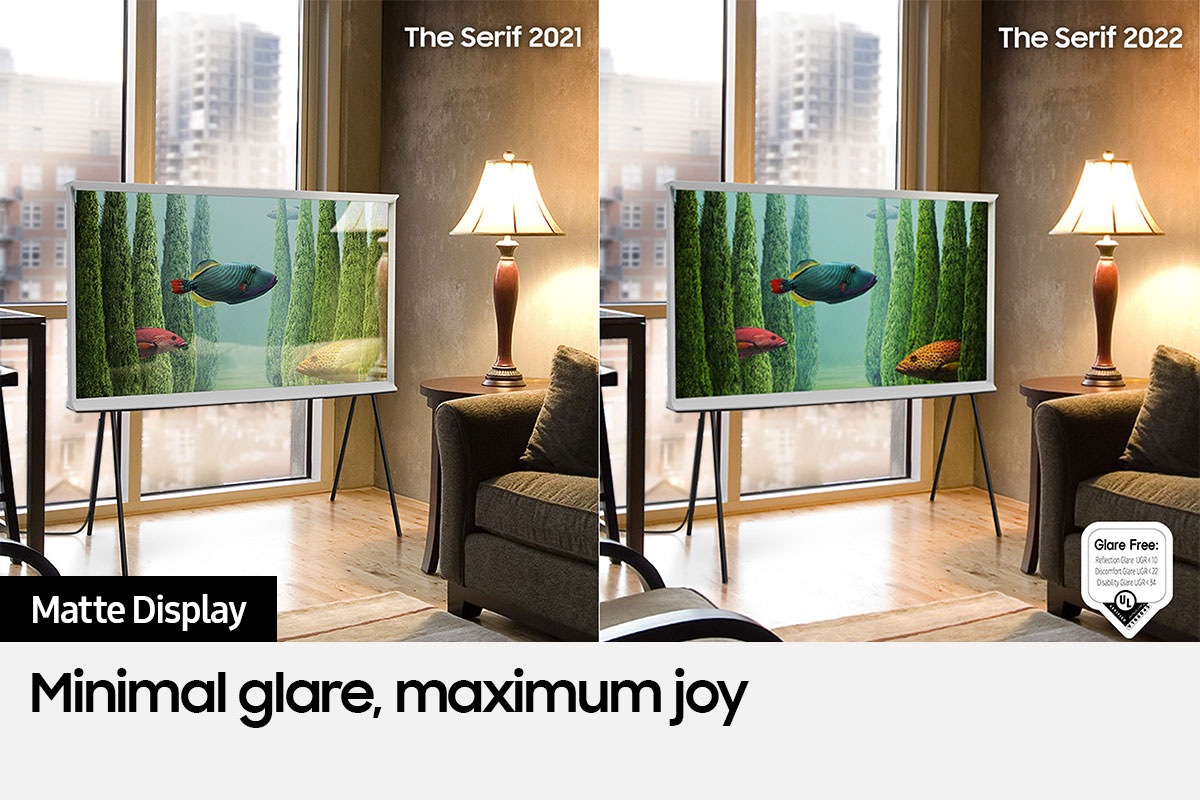 The Serif with 2021 display shows light reflections on its screen while The Serif with Anti Glare Matte Display with minimum reflections. The UL verified Glare Free: Reflection Glare UGR<10, Discomfort Glare UGR<22, Disability Glare UGR<34 logo is also on display.