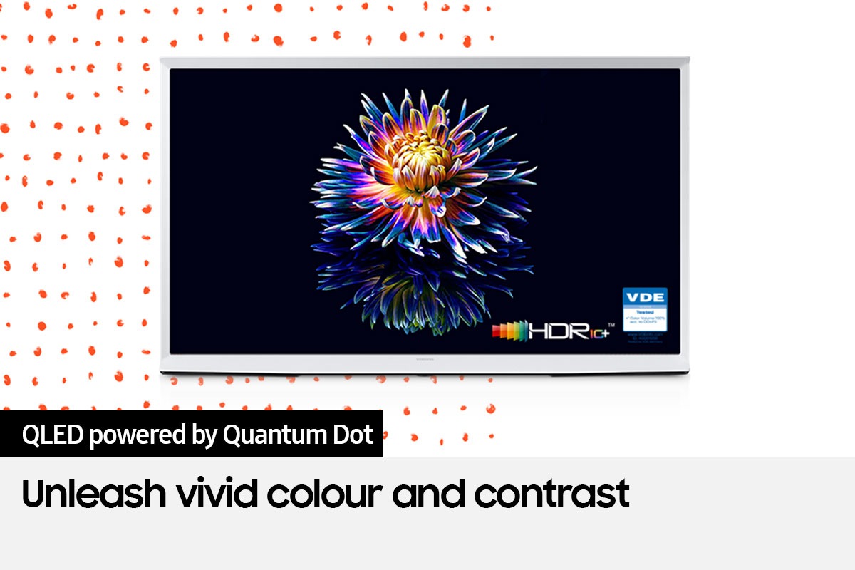 A flower is blooming on The Serif's screen in vivid color. The 'HDR 10+' and 'VDE' logos are on display in the bottom.