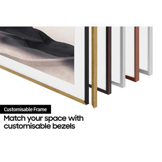 Customizable Frame Bezel is showing magnetic attachment capability of The Frame's Modern and  Beveled bezel styles as well as the available Teak,  Brown, Brick Red and White colors for each bezel style.