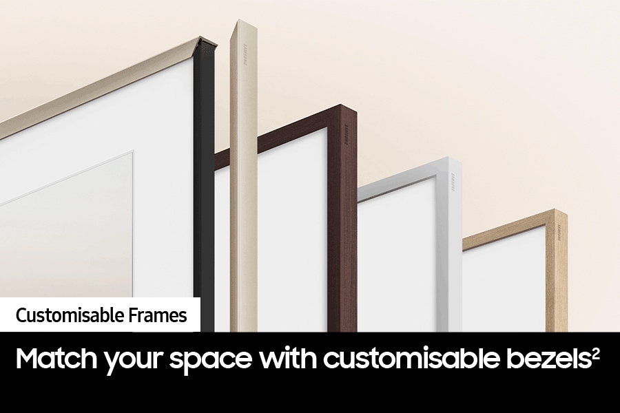 A variety of The Frame's customisable bezels in different colours are displayed.