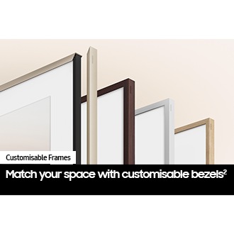 A variety of The Frame's customisable bezels in different colours are displayed.