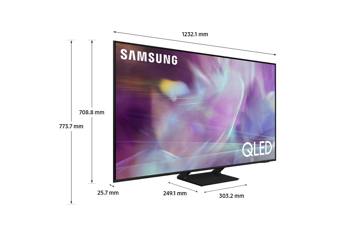 Dimension of Samsung QLED TV(1232.1 x 773.7 x 249.1 mm) Q60A with black feet stand