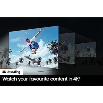 4K Upscaling technology works behind the scenes to optimise the details of an airborne skateboarder into great clarity.