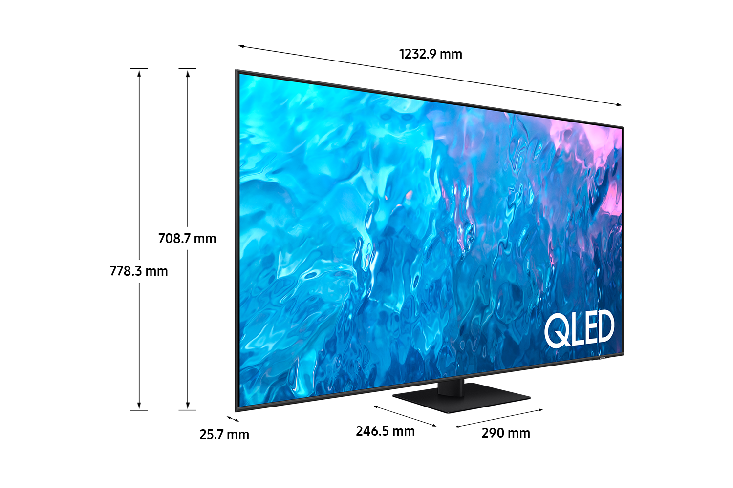 Q70C "55 QLED TV 2023 model showing dimensions in mm