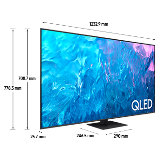 Q70C "55 QLED TV 2023 model showing dimensions in mm