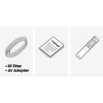 Samsung 2021 QLED QN85A box contains remote control, cable, and manual.