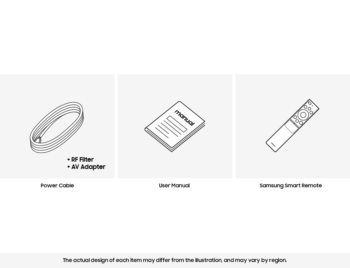 Samsung 2021 QLED QN85A box contains remote control, cable, and manual.
