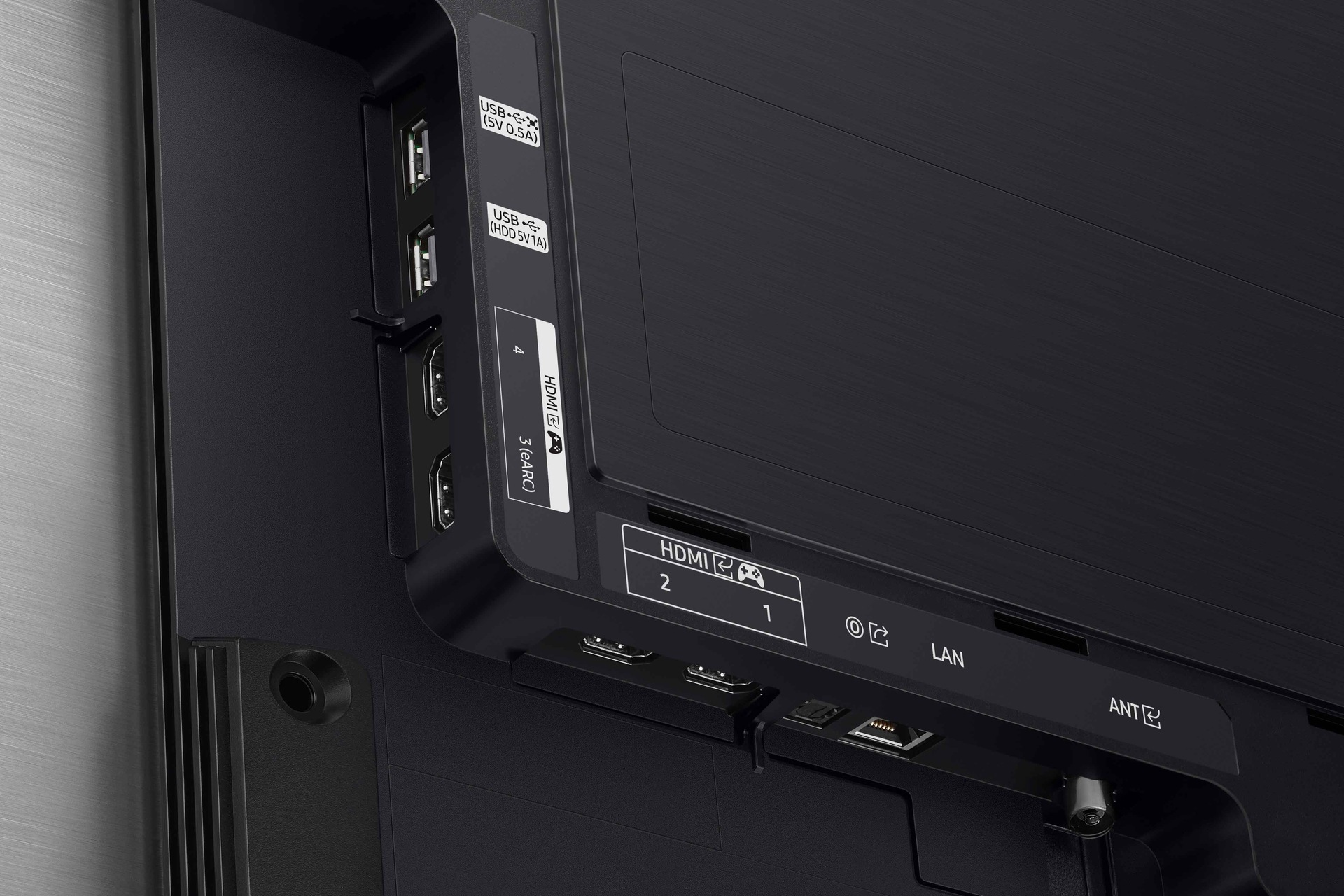 Samsung 2022 OLED S95B has USB, HDMI, LAN, antenna port/Optical Port on rear of TV.