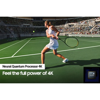 A woman is playing tennis in front of a large crowd. The Neural Quantum Processor 4K processes objects on display and enhances the entire scene. Neural Quantum Processor 4K is on display in the lower right hand corner.