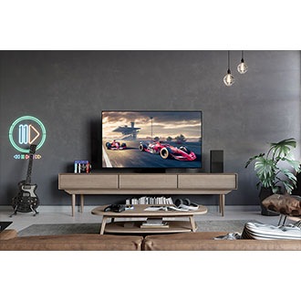 S95D with a speedy car race playing in a modern living room.